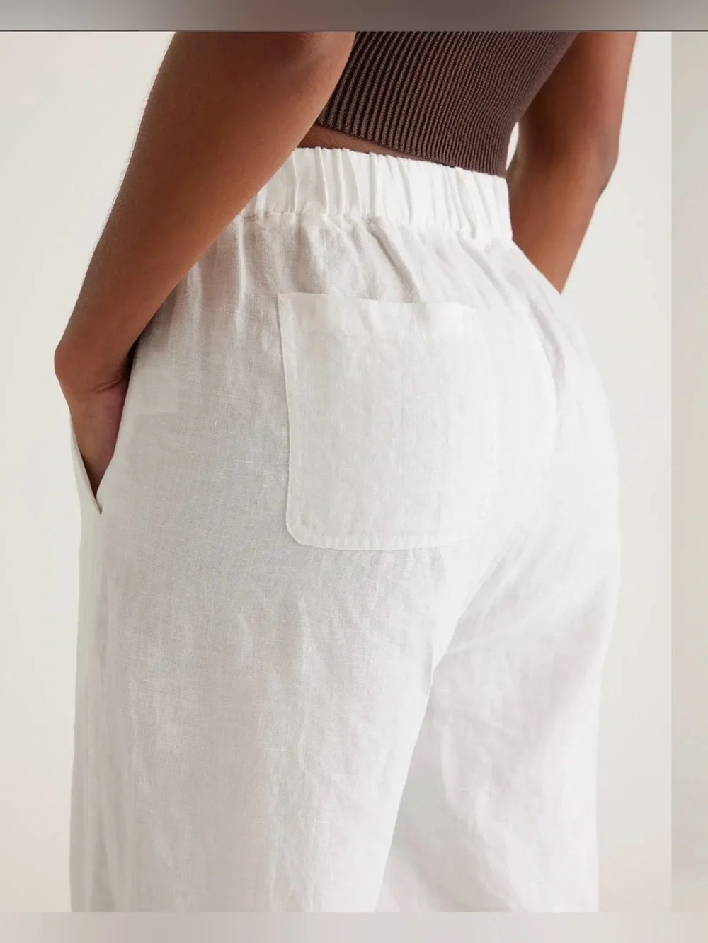 Quince 100% European Linen White Elastic-Waist Slim Crop Pants Size L